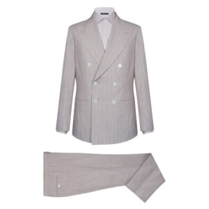 Μπεζ Ριγέ Cross-Βreasted Κοστούμι Prince Oliver in Cool Fabric Slim Fit Ανδρικά Κοστούμια