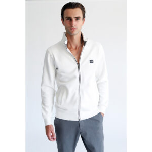 Λευκή Full Zip Ζακέτα Prince Oliver με Logo Patch Modern Fit Ανδρικές Ζακέτες