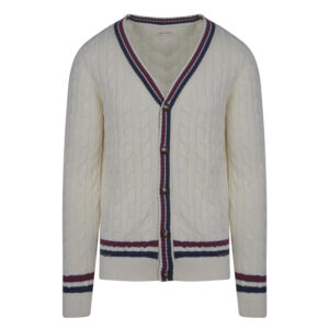 Εκρού Ζακέτα Prince Oliver με Cable-Knit Πλέξη & Tricolor Λεπτομέρειες in Cotton Modern Fit Ανδρικές Ζακέτες