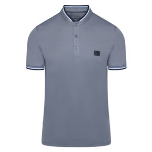 Γκρι Premium Mao Polo in Cotton with Logo Patch & Stripe Details Modern Fit Ανδρικές Μπλούζες Polo