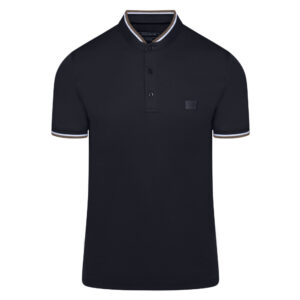 Μαύρο Premium Mao Polo in Cotton with Logo Patch & Stripe Details Modern Fit Ανδρικές Μπλούζες Polo Μαύρο Premium Mao Polo in Cotton with Logo Patch & Stripe Details Modern Fit Ανδρικές Μπλούζες Polo