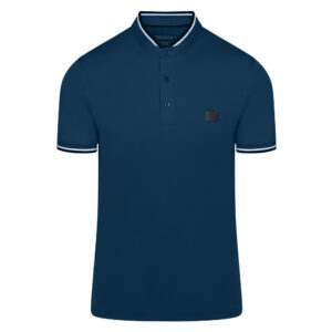 Μπλε Premium Mao Polo in Cotton with Logo Patch & Stripe Details Modern Fit Ανδρικές Μπλούζες Polo